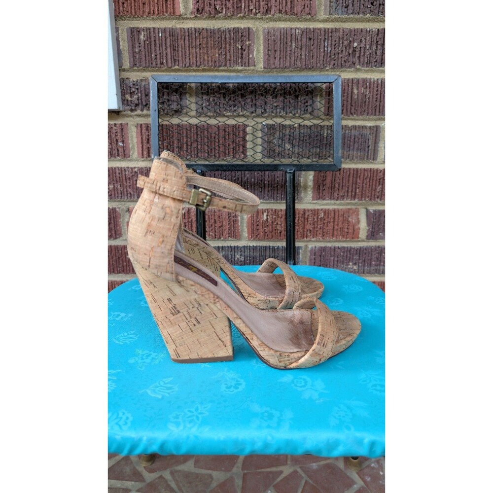 7 For All Mankind Cork Platform Wedge Sandals Ankle Strap Tan Womens Size 8